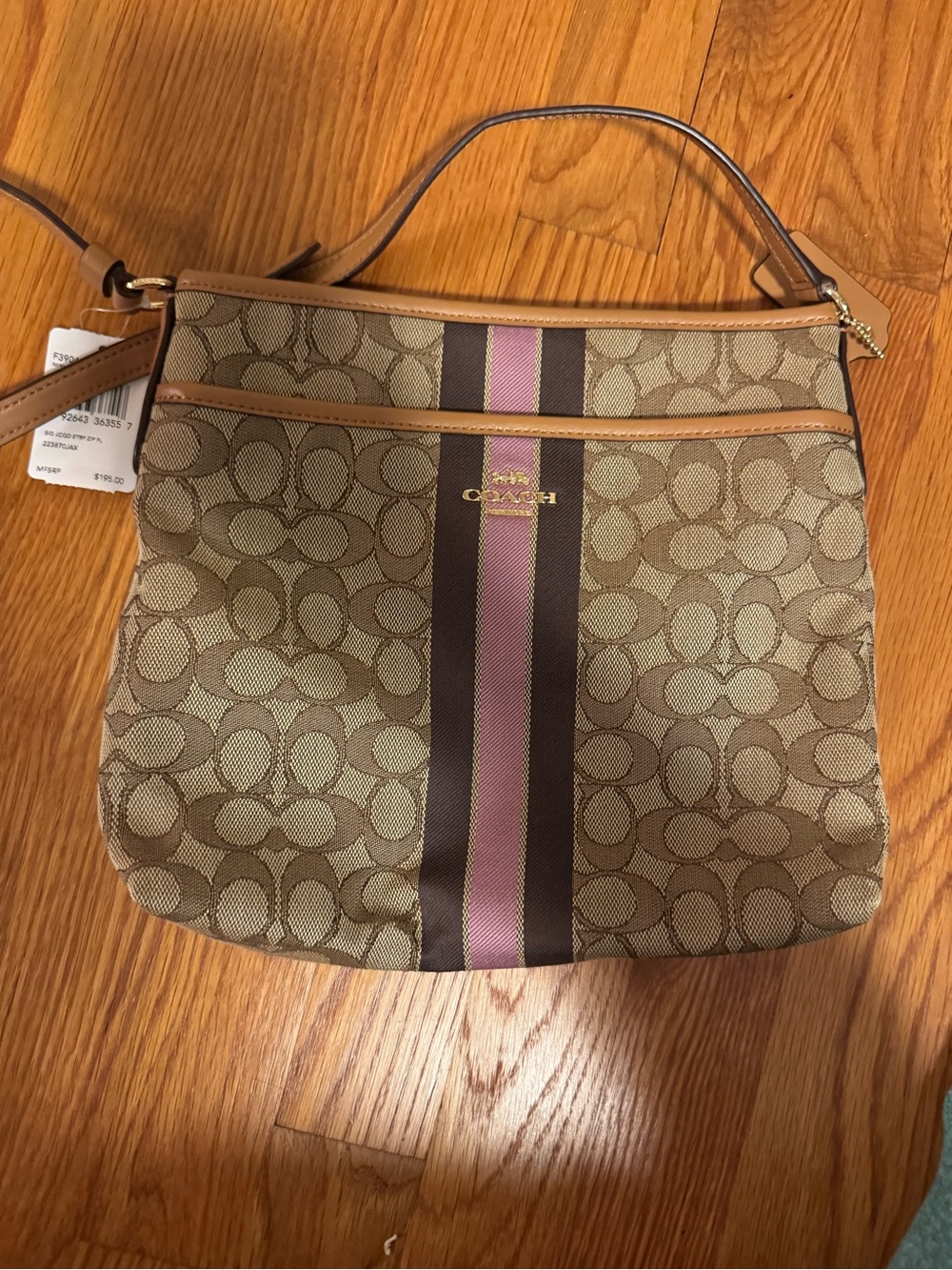 NWT Coach Khaki Signature Canvas Shoulder Bag with Pink and Brown Stripe